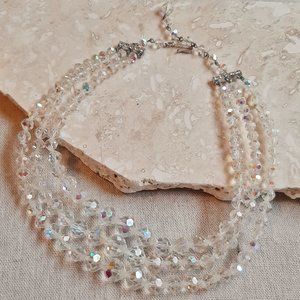 VTG Laguna Three Strand Aurora Borealis Crystal Glass Bead Necklace